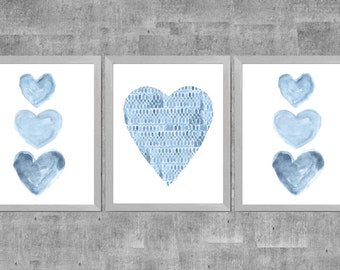 Denim Blue Heart Prints Set of 3, Blue Bedroom Prints, Navy Nursery Decor, Indigo Blue Wall Decor, Blue Boys Room Decor, Navy Heart Prints