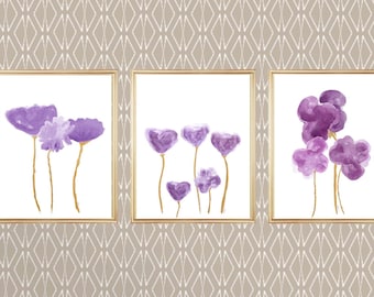 Plum and Gold Wall Decor, Set of 3 Prints, Plum Floral Wall Art, Plum Flowers, Purple  and Gold Floral Prints, Plum Bathroom, Plum Bedroom