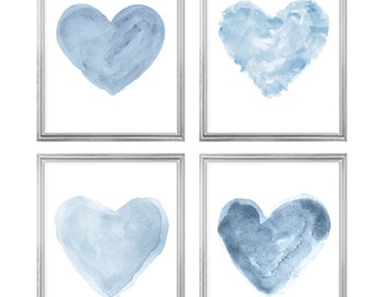 Denim Blue Heart Prints, Set 4 Watercolor Hearts, Blue Heart Gallery Wall, Blue Nursery Decor, Denim Blue Wall Decor, Denim Blue Prints