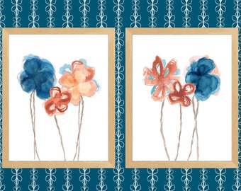 Earth Tone Wall Art, Terracotta and Teal  Floral Prints, Farmhouse Wall Art, Natural Home Decor,  Botanical Print for Earthy Decor, Set of 2