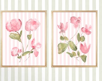 Pink Striped Floral Art Prints for Girls Bedroom, Set of 2, Coquette Nursery Art, Cottagecore Bedroom Wall