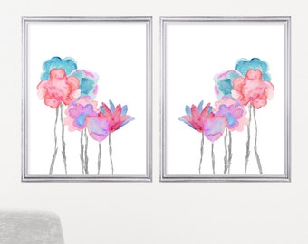 Aqua and Coral Floral Artwork, 16x20 Set of 2, Large Flower Prints, Boho Wall Decor, Turquoise and Coral Girls Bedroom Decor, Floral Art