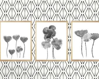Gray Flower Prints, Set of 3, Black Floral Prints, Charcoal Flower Prints, Black Floral Wall Art, Flower Print Set, Black Flower Prints