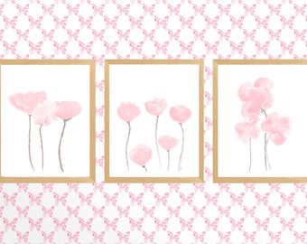Pink Floral Wall Art, Pink Flower Prints, Pink Botanical Prints, Pink Wall Art, Set of 3, Botanical Triptych, Light Pink Floral Print