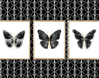Black Butterflies Wall Art, Black and Gold Wall Art, Black Bathroom Decor, Black Bedroom Artwork, Black Nursery Prints, Butterfly Wall Decor