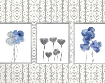 Blue and Gray Floral Wall Art, Set of 3 Prints, Watercolor Botanical, Blue and Gray Flowers, Blue Floral Prints, Navy Wall Art