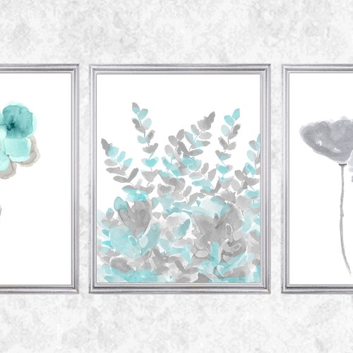 Aqua and Gray Wall Decor Set of 3 Watercolor Prints Aqua | Etsy