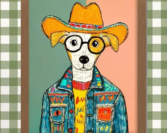 Chihuahua Cowboy Dog Portrait, Colorful Folk Art, Maximalist Animal Print (Digital Download)