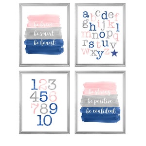 Blush and Navy Gallery Wall, Set of 4, Boy Girl Playroom Decor, Toddler Wall Decor, Classroom Decor, Kids Inspirational Artwork, Home School