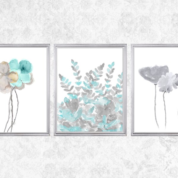 Aqua and Gray Wall Decor, Set of 3 Watercolor Prints, Aqua Gray Decor, Aqua Living Room Art, Flower Art, Floral Prints for Bedroom