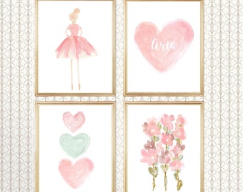 Ballet Bedroom Prints, Blush and Mint Floral Prints, Set of 4,  Blush and Mint Nursery, Blush Bedroom Prints, Prima Ballerina Gallery Wall