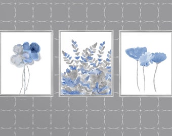 Blue Gray Wall Decor, Set of 3 Watercolor Prints, Blue and Gray Prints, Denim Blue Flower Prints, Blue Gray Wall Art, Botanical Triptych