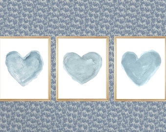 Blue Gray Wall Decor, Set of 3, Blue Gray Hearts, Dusty Blue Art, Blue Gray Nursery Decor, French Country Prints, Blue Gray Baby Decor