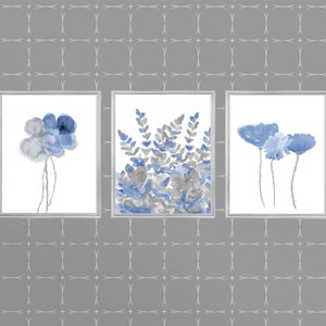 Blue Gray Wall Decor, Set of 3 Watercolor Prints, Blue and Gray Prints, Denim Blue Flower Prints, Blue Gray Wall Art, Botanical Triptych