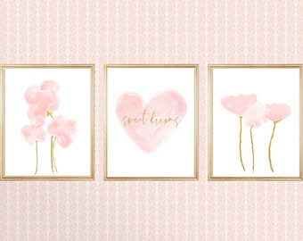 Sweet Dreams Nursery Prints, Blush and Gold  Baby Nursery, Blush and Gold Nursery Decor, Set of 3, Sweet Dreams Print, Nursery Quote