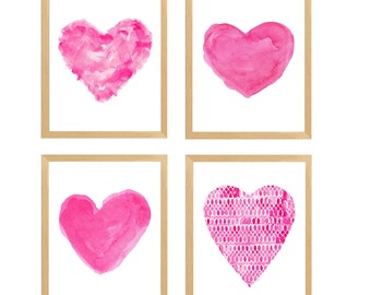 Hot Pink Artistic Heart Print Set, Girls Hot Pink Wall Decor, Hot Pink Nursery, Hot Pink Bedroom, Valentines Day Prints, Hot Pink Wall Art
