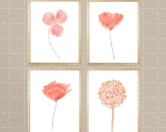 Coral Flowers Gallery Wall, 8x10 Set of 4, Coral Watercolor Flowers, Watercolor Botanical, Coral Flower Prints Set, Coral Bathoom Decor