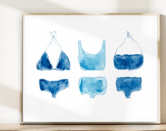 Blue Swimsuit Art, Surf Wall Art, Surf Wall Decor, Blue Bathing Suit Print, Bikini Art Print, Swimsuit Painting, Navy Swimsuit Print