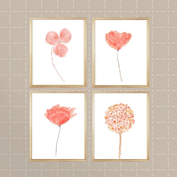 Coral Flowers Gallery Wall, 8x10 Set of 4, Coral Watercolor Flowers, Coral  Girl's Room Decor, Coral Flower Prints, Coral Room Decor