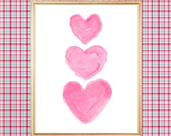 Pink Watercolor Hearts Print, Girls Nursery Wall Art
