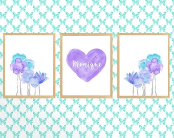 Turquoise and Lavender Flower Prints for Girls Boho Bedroom, Turquoise and Lavender Nursery, Girl's Wall Art, Turquoise and Purple Decor