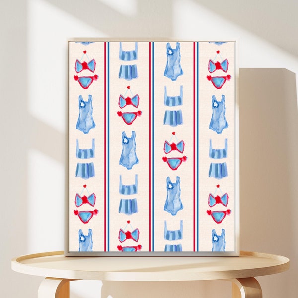 Bathing Suit Print, French Inspired Beach Print, Patriotic Bathing Suits, Red White and Blue Print, Beach House Wall Decor, French Fashion