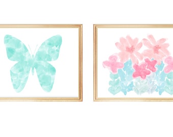 Pastel Butterfly and Flowers Prints, Set of 2 Girls Bedroom Wall Decor, Seafoam Wall Decor, Baby Nursery Artwork, Contemporary Nursery Decor