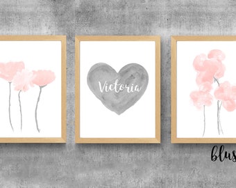 Gray and Blush Nursery Prints, Set of 3, Blush Pink Wall Art, Gray and Pink Nursery Art, Gray and Blush Decor, Gray and Pink Girls Room