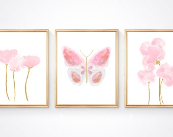 Pink Butterfly Wall Decor, Butterfly Artwork, Girl Room Decor, Tween Wall Decor, Pink and Gold Bedroom Decor, Butterfly Prints, Set of 3