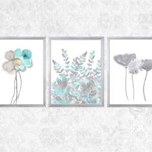 Aqua and Gray Wall Decor, Aqua Wall Decor, Set of 3 Watercolor Prints, Aqua Living Room Wall Art, Flower Art, Aqua Floral Prints for Bedroom