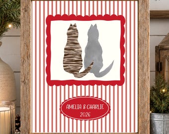 2 Cat Christmas Art Print- Personalized Cat Parent Gift 8x10