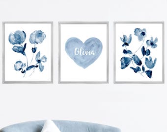 Denim Blue Floral Heart Prints, Personalized Girls Bedroom Wall Art Set