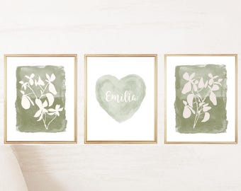 Sage Green Wall Decor for Girls Bedroom, Set of 3 Prints