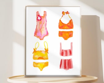 Swimsuit Print, Pink and Orange Wall Decor, Beach House Print, Girls Beach Print, Bright Bathing Suit Print, Swimming Artwork