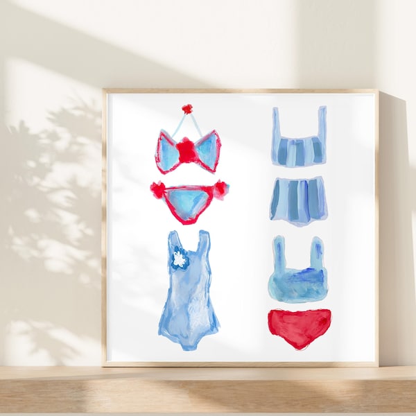 French Riviera Vintage Bathing Suit Print, Bathing Suit Fashion Print, Red White and Blue, Fashion Wall Decor, San Tropez, Blue and Red Art