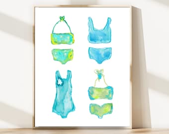 Turquoise Swimsuit Art Print, Turquoise Beach House Decor, Turquoise Bathing Suit Artwork, Retro Swimsuit Artwork, Coastal Wall Decor, Lime