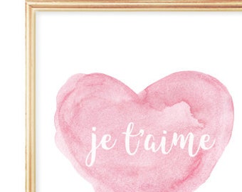 Baby Girl Gift, Je t'aime, French Nursery, French Phrase, New Baby Gift, Nursery Watercolor, Pink Baby Nursery Art, French Words, I Love You