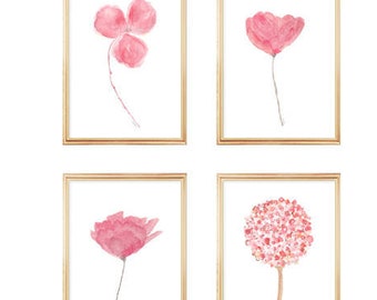 Pink Flowers Gallery Wall, Set of 4, Pink Watercolor Flowers, Pink Girl's Room Decor, Pink Floral Gallery, Pink Botanical Gallery, Quad Set