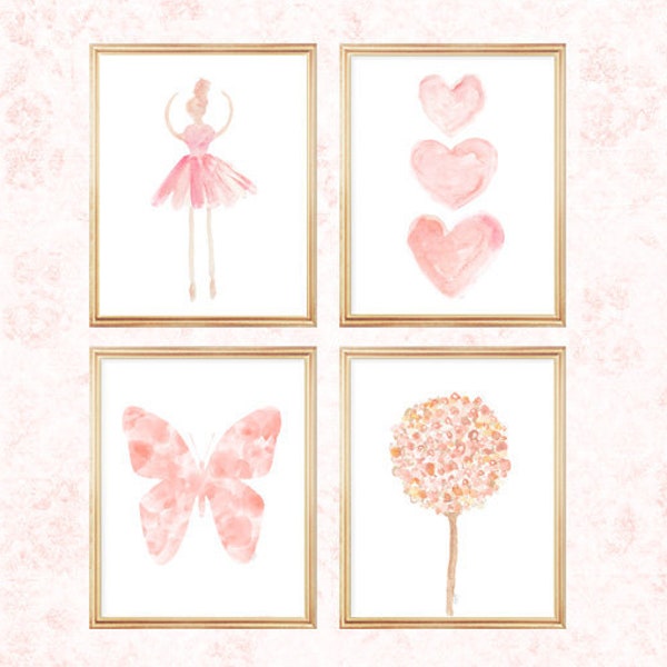 Blush Gallery Wall Set, Set of 4, Girly Wall Decor, Big Girl Room Present, Blush Gallery Wall, Butterfly Print, Ballet Gallery Wall