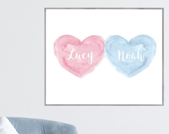 Boy Girl Nursery Print with Names, 16x20 in PInk and Blue