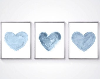 Blue Nursery Art, Set of 3 Watercolor Prints, Blue Nursery Decor, Denim Blue Wall Decor, Baby Blue Nursery, Blue Hearts, Newborn Boy Gift