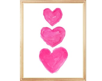 Girls Hot Pink Wall Decor, Hot Pink Art, Watercolor Heart Art, Bright Pink Decor, Girls Room Decor, Hot Pink Hearts, Hot Pink Wall Art