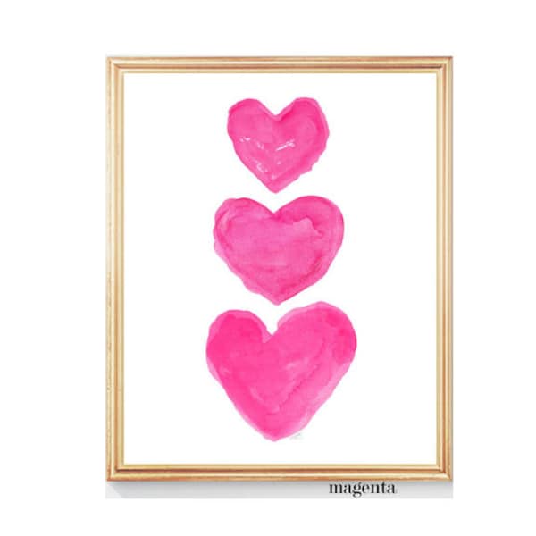 Girls Hot Pink Wall Decor, Hot Pink Art, Watercolor Heart Art, Bright Pink Decor, Girls Room Decor, Hot Pink Hearts, Hot Pink Wall Art