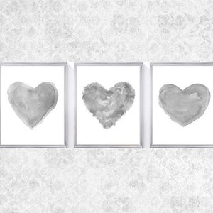 Gray Heart Prints, Set of 3 Watercolor Hearts, Gray Wall Art, Gray Nursery Decor, Gray Bedroom Art, Gray Wall Decor, Neutral Hearts Wall Art