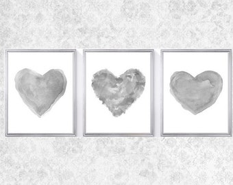 Gray Heart Prints, Set of 3 Watercolor Hearts, Unisex Nursery Decor, Gray Nursery, Gray Bedroom Art, Gray Wall Decor, Neutral Hearts