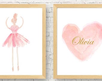 Ballerina Baby Nursery, Set of 2, Ballerina Wall Art, Ballet Wall Decor, Ballet Room Decor, Blush and Gold Ballet Gift, Girls Ballet Prints