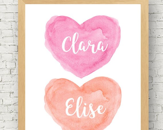 Pink and Coral Wall Decor, Personalized Sisters Print