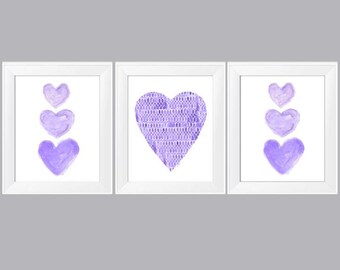 Purple Hearts Watercolor Wall Art Set of 3, Girls Nursery or Bedroom Prints, Purple Wall Decor, Heart Artwork for Girls Room, Tween Bedroom