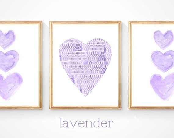 Lavender Wall Decor for Girls, 8x10 Set of 3 Watercolor Heart Prints