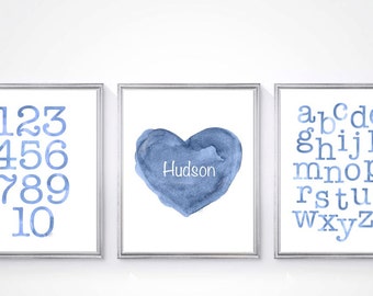 Baby Boy Prints, Blue Alphabet Print, ABC 123 Prints, Set of 3, Boys Nursery Artwork, Blue Nursery Art, Blue Playroom Decor, Toddler Decor